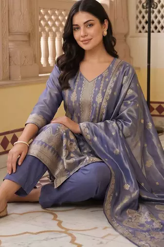 women ethnic motifs regular liva kurta with trousers & with dupatta