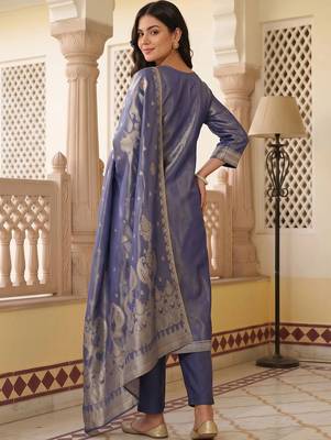 women ethnic motifs regular liva kurta with trousers & with dupatta 3