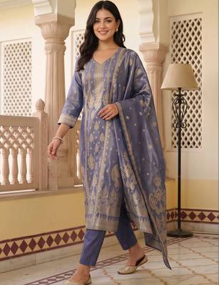 women ethnic motifs regular liva kurta with trousers & with dupatta 5