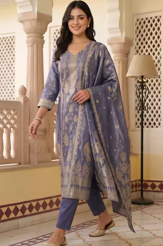 women ethnic motifs regular liva kurta with trousers & with dupatta