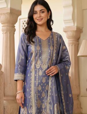 women ethnic motifs regular liva kurta with trousers & with dupatta 6
