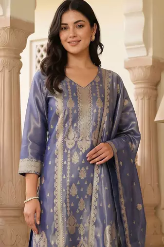 women ethnic motifs regular liva kurta with trousers & with dupatta