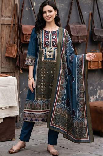 women ethnic motifs printed regular cotton kurta with trousers & with dupatta