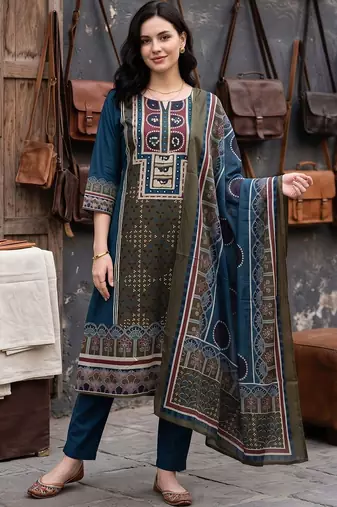 women ethnic motifs printed regular cotton kurta with trousers & with dupatta
