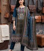 women ethnic motifs printed regular cotton kurta with trousers & with dupatta