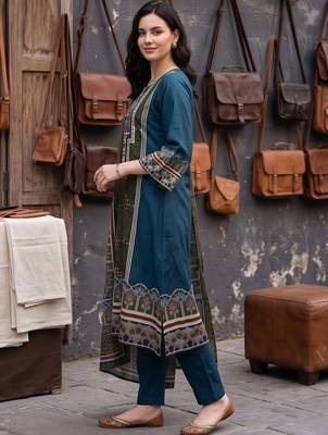 women ethnic motifs printed regular cotton kurta with trousers & with dupatta 2