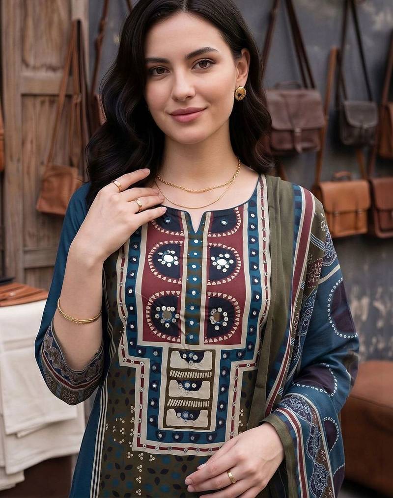 women ethnic motifs printed regular cotton kurta with trousers & with dupatta