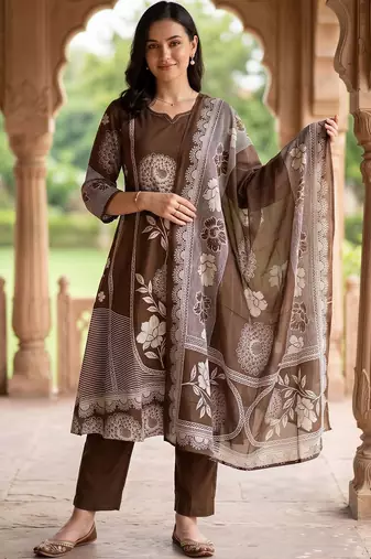 women floral printed regular cotton kurta with trousers & with dupatta