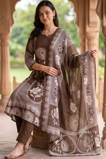 women floral printed regular cotton kurta with trousers & with dupatta