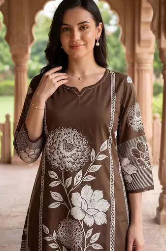 women floral printed regular cotton kurta with trousers & with dupatta
