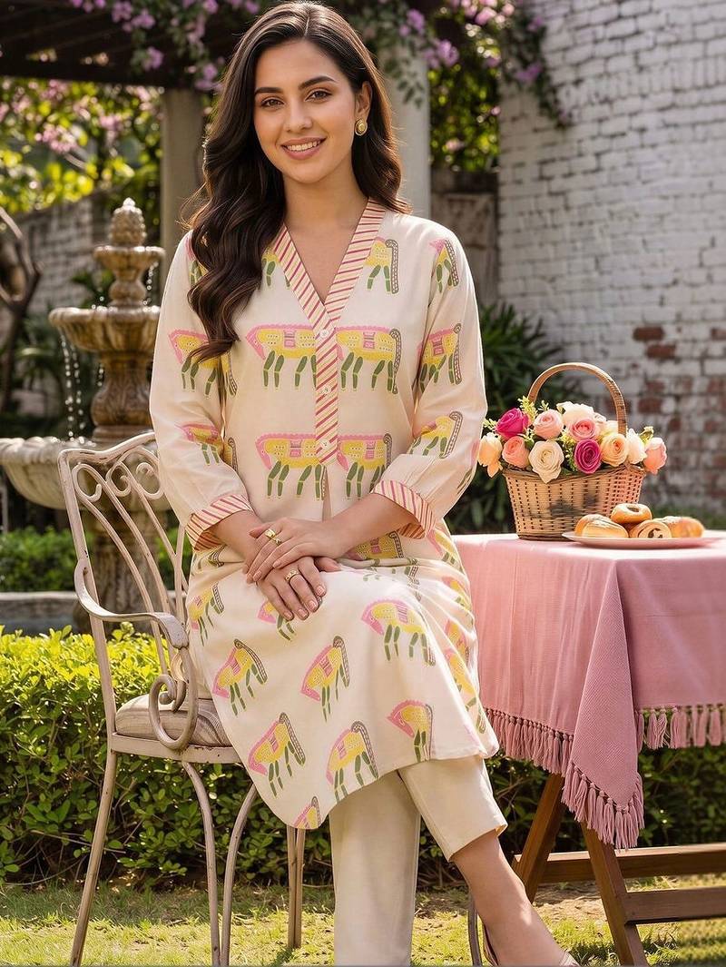 women ethnic motifs printed regular cotton kurta with trousers