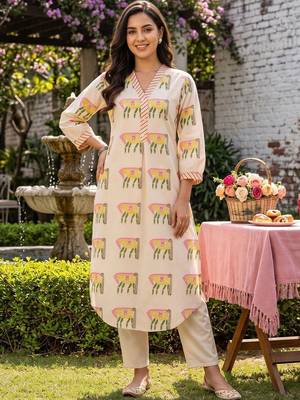 women ethnic motifs printed regular cotton kurta with trousers 2