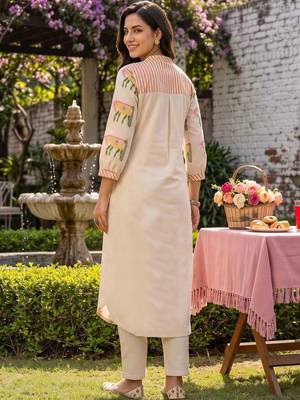 women ethnic motifs printed regular cotton kurta with trousers 3