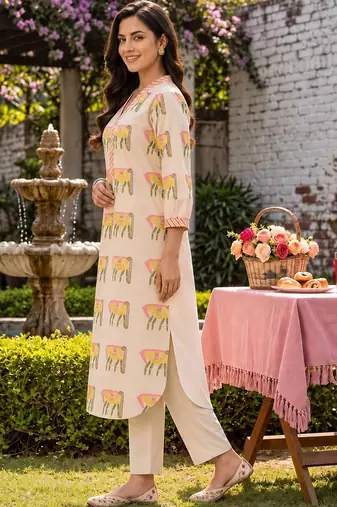 women ethnic motifs printed regular cotton kurta with trousers