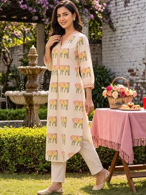 women ethnic motifs printed regular cotton kurta with trousers 5