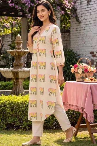 women ethnic motifs printed regular cotton kurta with trousers
