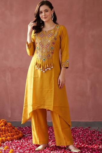 women ethnic motifs embroidered regular thread work kurta with palazzos