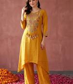 women ethnic motifs embroidered regular thread work kurta with palazzos