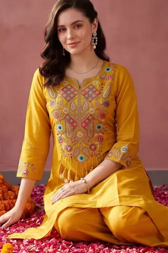 women ethnic motifs embroidered regular thread work kurta with palazzos
