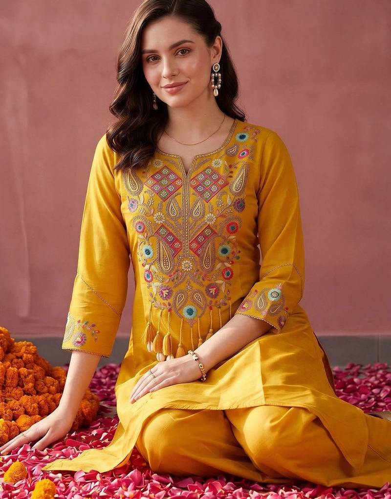 women ethnic motifs embroidered regular thread work kurta with palazzos