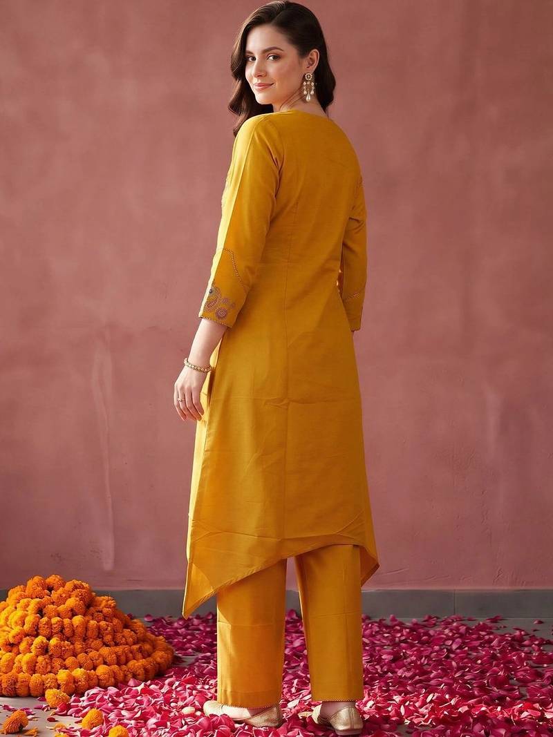 women ethnic motifs embroidered regular thread work kurta with palazzos