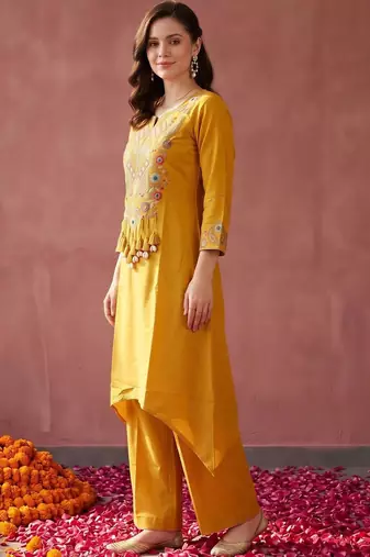 women ethnic motifs embroidered regular thread work kurta with palazzos