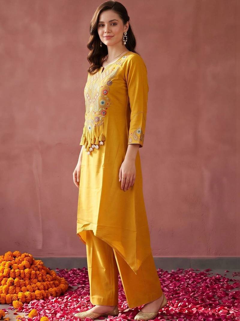 women ethnic motifs embroidered regular thread work kurta with palazzos