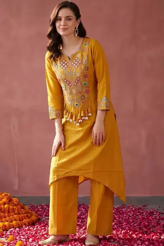 women ethnic motifs embroidered regular thread work kurta with palazzos