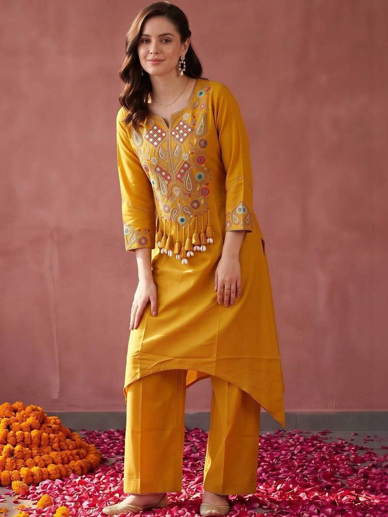 women ethnic motifs embroidered regular thread work kurta with palazzos