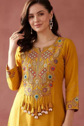 women ethnic motifs embroidered regular thread work kurta with palazzos