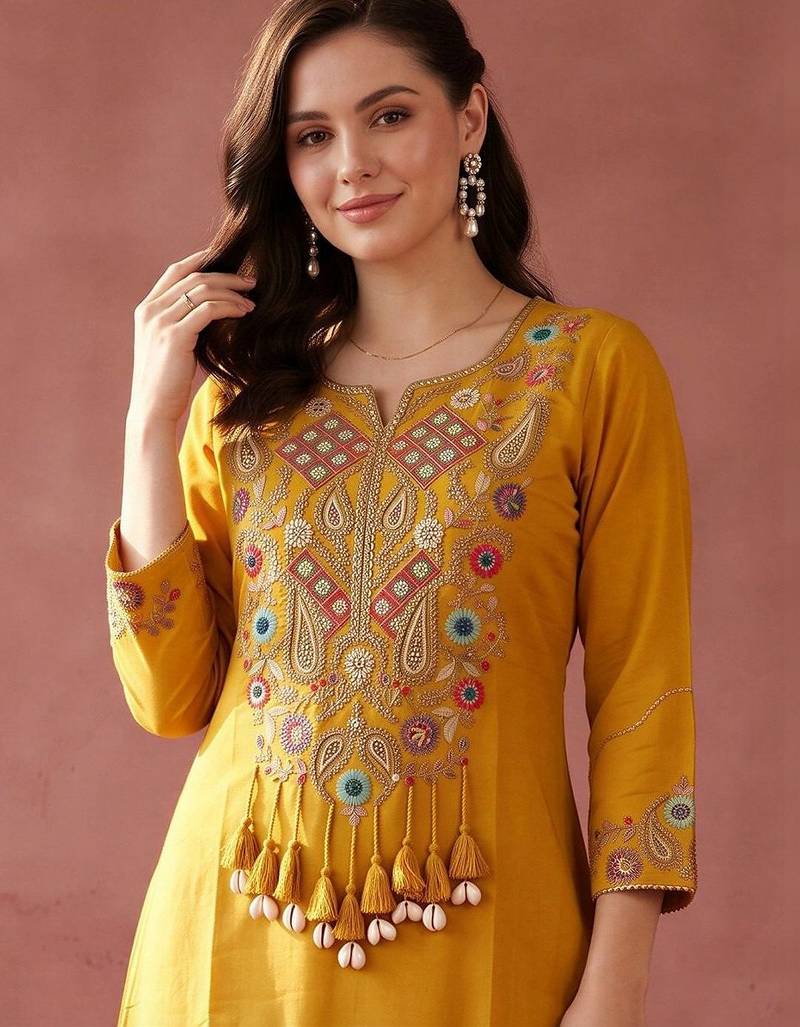 women ethnic motifs embroidered regular thread work kurta with palazzos