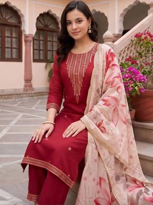 women ethnic motifs embroidered regular thread work kurta with palazzos & with dupatta 2
