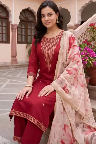 women ethnic motifs embroidered regular thread work kurta with palazzos & with dupatta