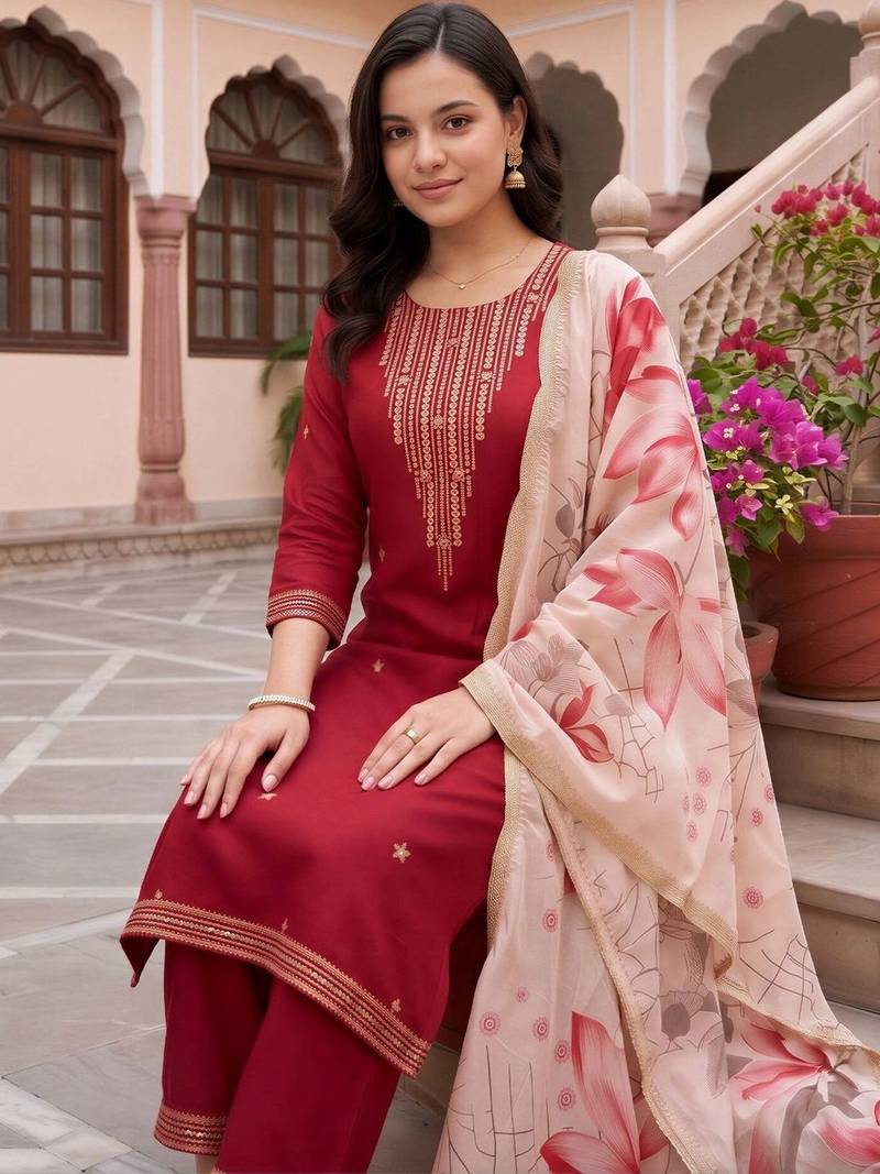 women ethnic motifs embroidered regular thread work kurta with palazzos & with dupatta
