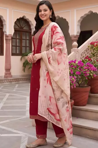women ethnic motifs embroidered regular thread work kurta with palazzos & with dupatta