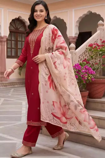 women ethnic motifs embroidered regular thread work kurta with palazzos & with dupatta