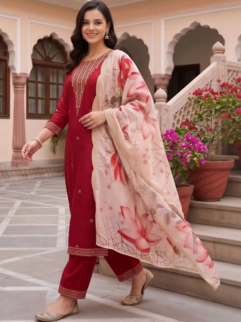 women ethnic motifs embroidered regular thread work kurta with palazzos & with dupatta