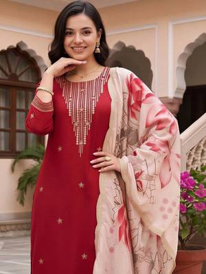women ethnic motifs embroidered regular thread work kurta with palazzos & with dupatta 6