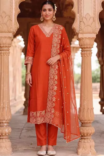 women ethnic motifs embroidered regular thread work kurta with trousers & with dupatta
