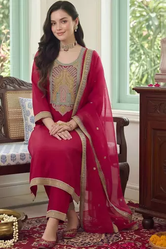 women ethnic motifs embroidered regular kurta with trousers & with dupatta