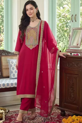 women ethnic motifs embroidered regular kurta with trousers & with dupatta