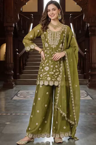 women ethnic motifs embroidered regular thread work kurta with palazzos & with dupatta