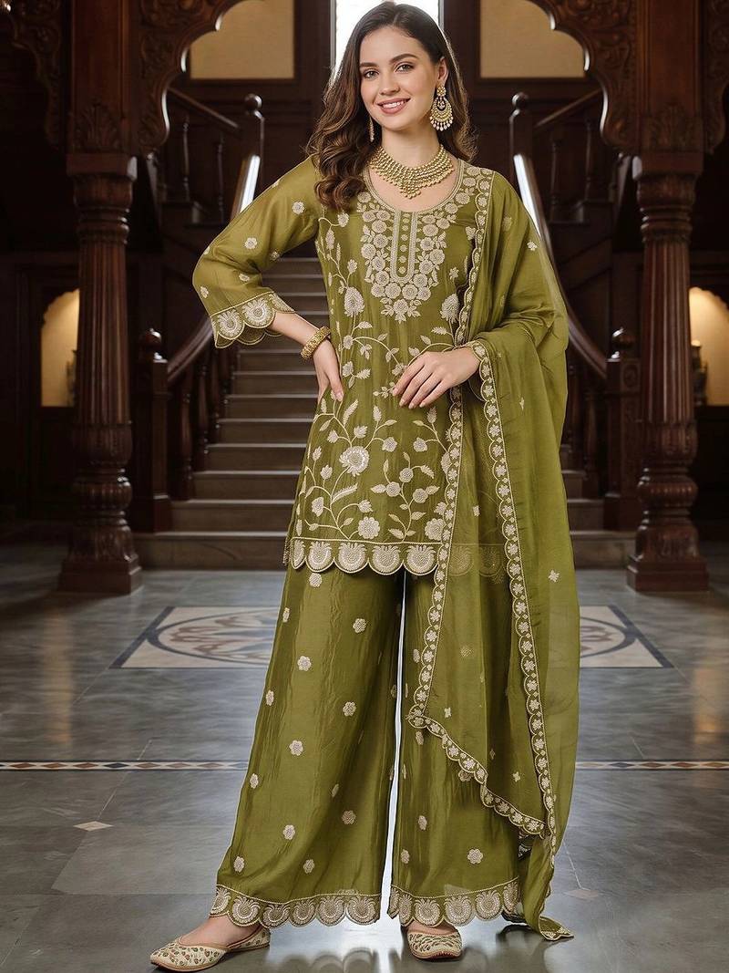 women ethnic motifs embroidered regular thread work kurta with palazzos & with dupatta