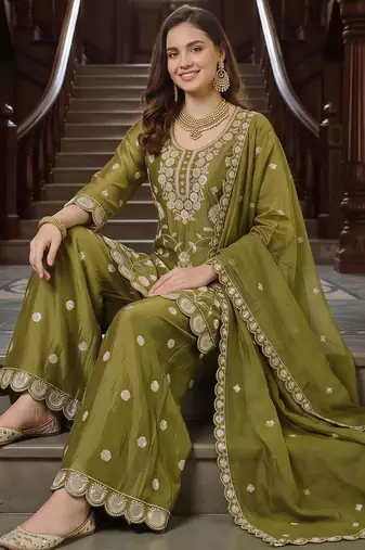 women ethnic motifs embroidered regular thread work kurta with palazzos & with dupatta