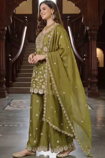 women ethnic motifs embroidered regular thread work kurta with palazzos & with dupatta
