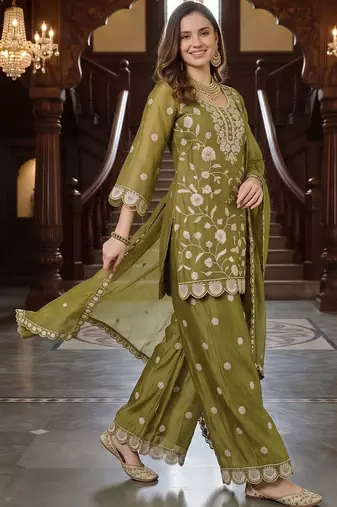 women ethnic motifs embroidered regular thread work kurta with palazzos & with dupatta