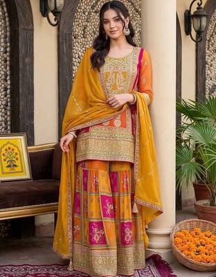women ethnic motifs embroidered regular kurta with sharara & with dupatta 1