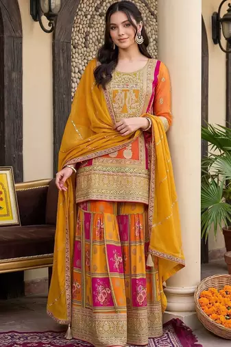 women ethnic motifs embroidered regular kurta with sharara & with dupatta