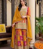 women ethnic motifs embroidered regular kurta with sharara & with dupatta