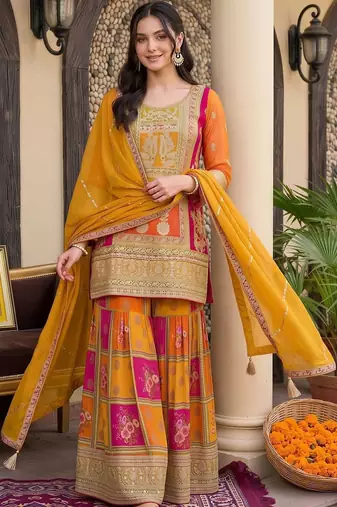 women ethnic motifs embroidered regular kurta with sharara & with dupatta
